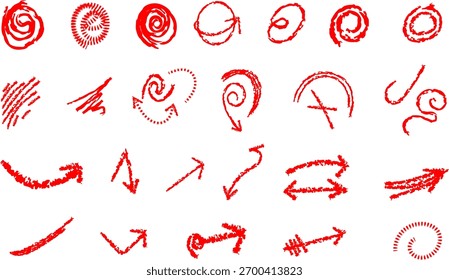 Sublinhar giz de cera. Seta de linha desenhada à mão. Marca sublinhado vermelha. Pincel, marcador, lápis, creiom mão desenhada nota destaque. Ênfase de pintura, verificar com caneta vermelha, giz, pastel. Linha de rabiscar, círculo. seta