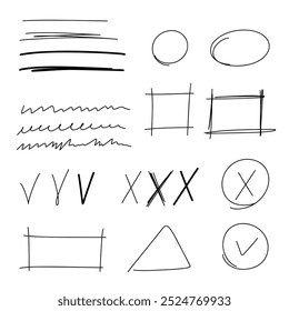 Underline, highlight, frame, mark, and strikethrough lines drawn with a marker or pen. Graphical linear illustrations of abstract editing elements, doodle-style edits, vector.