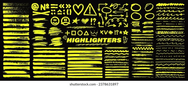 Underline highlighters, markers lines, symbols, arrows, rounds, sketch, punctuation marks, strokes and strikethroughs in hand-drawn style. Highlighters and sketch graphic set. School board. Vector set