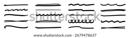 Underline line marker set. Hand drawn underline stroke and marker scribble text highlight, pen mark and pencil sketch frame. Rough brush stripe and strikethrough design. Vector illustration