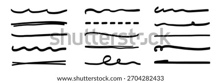 Underline line marker set. Hand drawn underline stroke and marker scribble text highlight, pen mark and pencil sketch frame. Rough brush stripe and strikethrough design. Vector illustration
