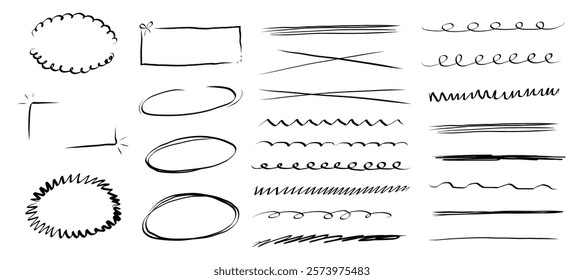 Underline mark border doodle hand drawn mark, swoosh highlight freehand brush. Grunge scribble curvy symbol. Marker check figure.