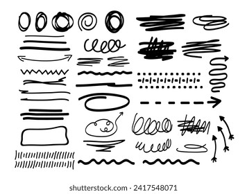 Underline, outline, drawn, smileys, stars, fireworks, hearts, dotted line, arrows, question mark, exclamation mark, lightning. Set of elements from Zig zag, commas. Phrases, emphasis.