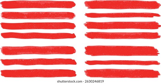 Underline red color crayon set - hand drawn chalk or marker horizontal highlighter strokes. Rough textured edges pencil lines
