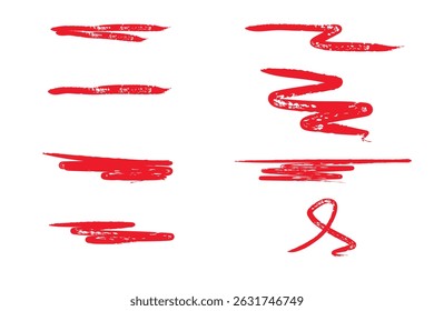 Underline red color crayon set - hand drawn chalk or marker horizontal highlighter strokes. Rough textured edges pencil lines - handdrawn design elements for emphasizing text and drawing accents