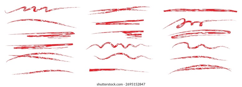 Underline red crayon, scribble stroke pencil lines. Vector set of red hand drawn crayon underline marks and strokes with rough textured sketchy lines, artistic doodle decorations for highlighting text