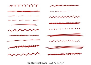 Underline red mark border doodle hand drawn mark, swoosh highlight freehand brush. Grunge scribble curvy symbol. Marker check figure.