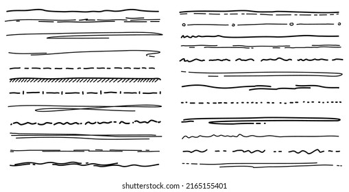 Underline scribble brush and pencil line strokes of pen marker, doodle vector. Hand drawn scribble underline of grunge ink pen or paint marker, freehand handwritten line dividers and highlight borders