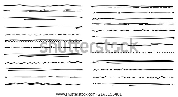 Underline scribble brush and pencil line strokes\
of pen marker, doodle vector. Hand drawn scribble underline of\
grunge ink pen or paint marker, freehand handwritten line dividers\
and highlight\
borders