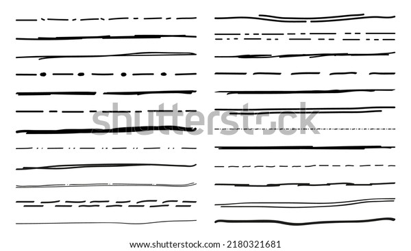Underline scribble doodle lines of brush or\
pencil strokes and pen marker, isolated vector. Hand drawn scribble\
underlines with ink pen or paint marker, freehand line dividers and\
highlights