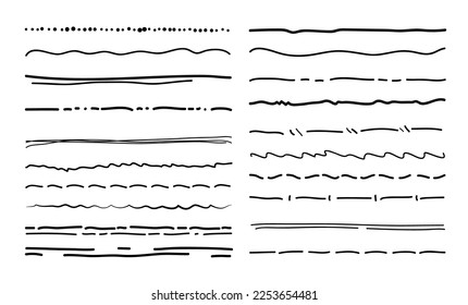 Underline scribble doodle lines. Pen with black ink handwritten marks or borders, marker or pencil hand drawn sketch lines or dividers, paintbrush strokes, vector underlines or grunge separators set