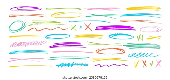 Underline and strike through multi-colored markers collection. Hand drawn vector underlines, ovals, squiggles and tick. Horizontal various marker stripes, charcoal strokes, curved lines, dividers