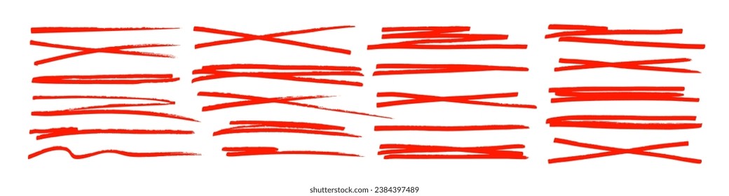 Underline and strike through red markers collection. Hand drawn vector underlines, crossed scribble lines. Horizontal marker stripes, scribble brush strokes. Charcoal lines, straight strokes, dividers