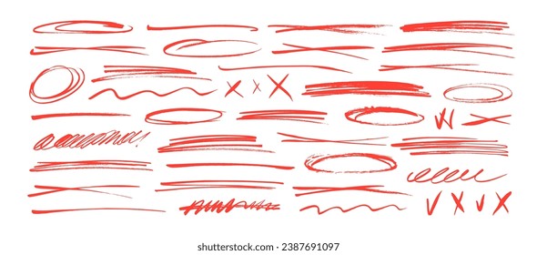 Underline and strike through red markers collection. Hand drawn vector underlines, crossed lines, ovals, squiggles and tick. Horizontal various marker stripes, charcoal strokes, curved lines, dividers