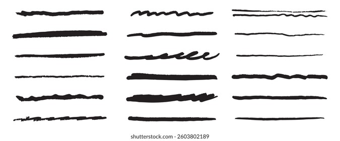underline stroke brush set pencil crayon lines. Chalk mark brush lines paint vector stroke. Hand drawn charcoal pencil underline. . Vector illustration