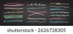 Underline stroke chalk scribbles doodle line collection on chalkboard. Hand drawn outline sketch wave brush mark elements crosshatch rough dividers set for text highlight underline emphasis
