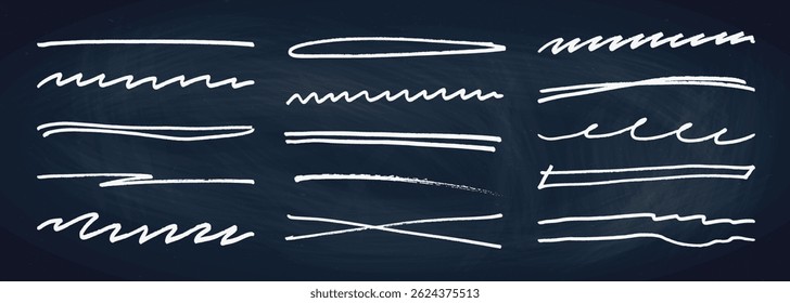 Underline stroke chalk scribbles doodle line collection on chalkboard. Hand drawn outline sketch wave brush mark elements crosshatch rough dividers set for text highlight underline emphasis