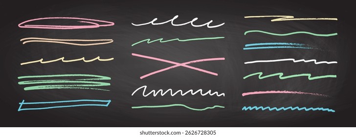Sublinhar rabiscos de giz de traço doodle linha coleção no quadro. Esboço desenhado à mão esboço onda pincel marca elementos crosshatch divisores ásperos definir para texto realçar sublinhado ênfase