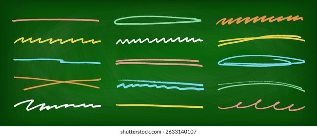 Underline stroke chalk scribbles doodle line collection on chalkboard. Hand drawn outline sketch wave brush mark elements crosshatch rough dividers set for text highlight underline emphasis