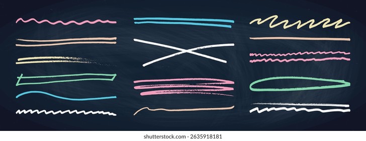 Underline stroke chalk scribbles doodle line collection on chalkboard. Hand drawn outline sketch wave brush mark elements crosshatch rough dividers set for text highlight underline emphasis