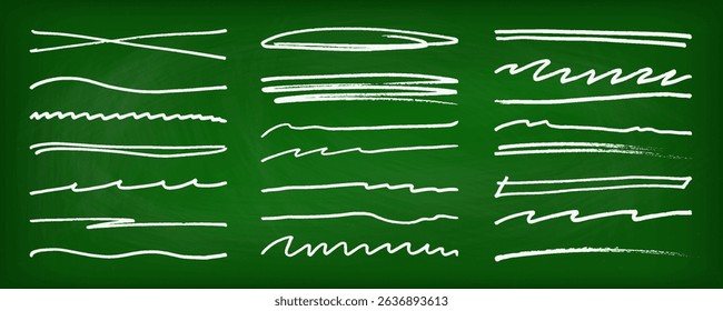 Underline stroke chalk scribbles doodle line collection on chalkboard. Hand drawn outline sketch wave brush mark elements crosshatch rough dividers set for text highlight underline emphasis