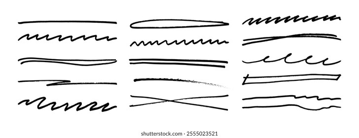 O marcador de traço sublinhado sentiu a coleção de linhas de rabiscos da caneta. Esboço desenhado à mão esboço onda pincel marca elementos crosshatch divisores ásperos definido para texto realçar sublinhar ênfase.