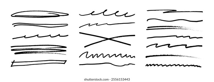 Underline stroke marker felt pen scribbles doodle line collection. Hand drawn outline sketch wave brush mark elements crosshatch rough dividers set for text highlight underline emphasis.