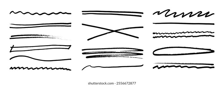 Underline stroke marker felt pen scribbles doodle line collection. Hand drawn outline sketch wave brush mark elements crosshatch rough dividers set for text highlight underline emphasis.