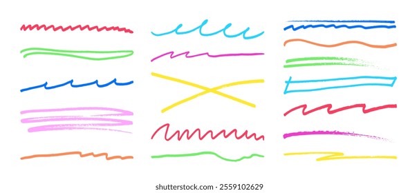 Underline stroke marker felt pen scribbles doodle line collection. Hand drawn outline sketch wave brush mark elements crosshatch rough dividers set for text highlight underline emphasis.