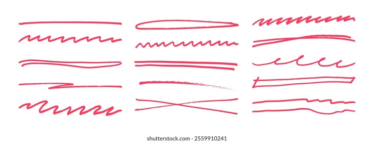 O marcador de traço sublinhado sentiu a coleção de linhas de rabiscos da caneta. Esboço desenhado à mão esboço onda pincel marca elementos crosshatch divisores ásperos definido para texto realçar sublinhar ênfase.