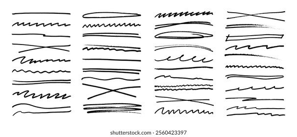 Underline stroke marker felt pen scribbles doodle line collection. Hand drawn outline sketch wave brush mark elements crosshatch rough dividers set for text highlight underline emphasis.
