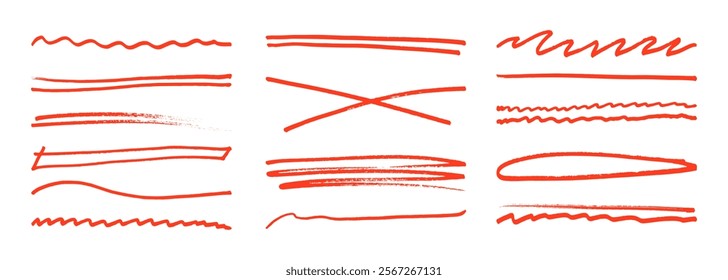 Subrayar el marcador de trazo rotulador de fieltro garabatea la colección de línea de doodle. Dibujado a mano esbozo esquema onda pincel marca Elementos crosshatch divisores en bruto establecido para el texto resaltado subrayado énfasis.