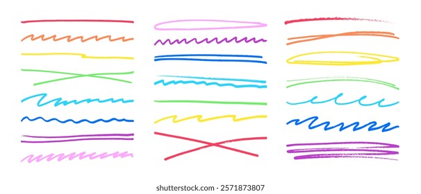 Underline stroke marker felt pen scribbles doodle line collection. Hand drawn outline sketch wave brush mark elements crosshatch rough dividers set for text highlight underline emphasis.