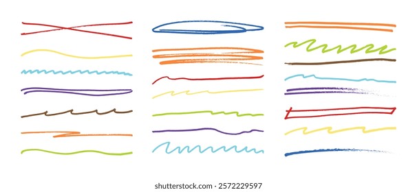 Underline stroke marker felt pen scribbles doodle line collection. Hand drawn outline sketch wave brush mark elements crosshatch rough dividers set for text highlight underline emphasis.