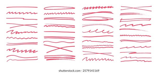 Subrayar el marcador de trazo rotulador de fieltro garabatea la colección de línea de doodle. Dibujado a mano esbozo esquema onda pincel marca Elementos crosshatch divisores en bruto establecido para el texto resaltado subrayado énfasis.