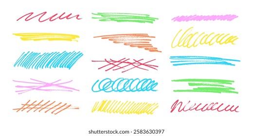 Subrayar el marcador de trazo rotulador de fieltro garabatea la colección de línea de doodle. Dibujado a mano esbozo esquema onda pincel marca Elementos crosshatch divisores en bruto establecido para el texto resaltado subrayado énfasis.