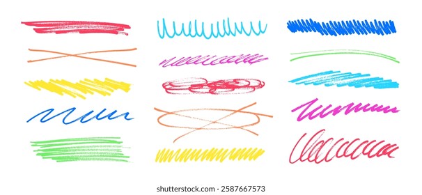 Underline stroke marker felt pen scribbles doodle line collection. Hand drawn outline sketch wave brush mark elements crosshatch rough dividers set for text highlight underline emphasis.