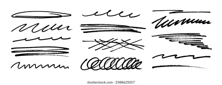 Underline stroke marker felt pen scribbles doodle line collection. Hand drawn outline sketch wave brush mark elements crosshatch rough dividers set for text highlight underline emphasis.