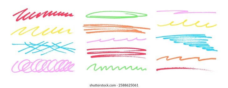 Underline stroke marker felt pen scribbles doodle line collection. Hand drawn outline sketch wave brush mark elements crosshatch rough dividers set for text highlight underline emphasis.