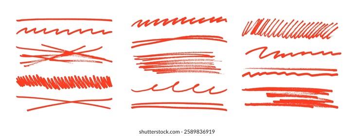 Underline stroke marker felt pen scribbles doodle line collection. Hand drawn outline sketch wave brush mark elements crosshatch rough dividers set for text highlight underline emphasis.