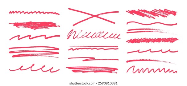 Underline stroke marker felt pen scribbles doodle line collection. Hand drawn outline sketch wave brush mark elements crosshatch rough dividers set for text highlight underline emphasis.