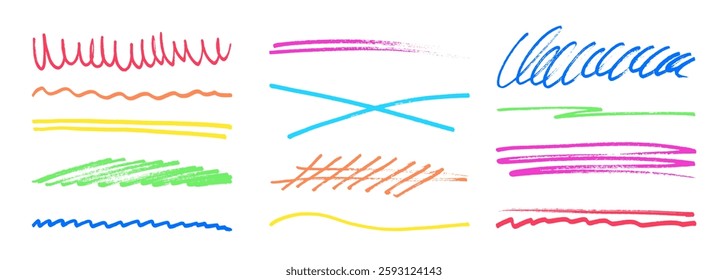 Underline stroke marker felt pen scribbles doodle line collection. Hand drawn outline sketch wave brush mark elements crosshatch rough dividers set for text highlight underline emphasis.