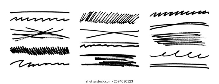 Subrayar el marcador de trazo rotulador de fieltro garabatea la colección de línea de doodle. Dibujado a mano esbozo esquema onda pincel marca Elementos crosshatch divisores en bruto establecido para el texto resaltado subrayado énfasis.