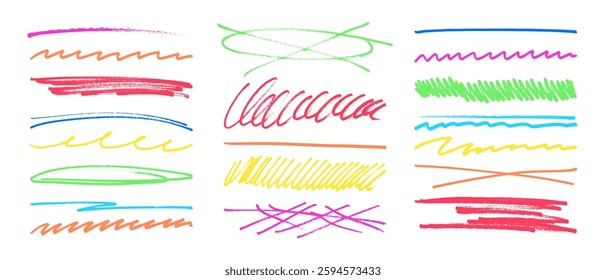 Subrayar el marcador de trazo rotulador de fieltro garabatea la colección de línea de doodle. Dibujado a mano esbozo esquema onda pincel marca Elementos crosshatch divisores en bruto establecido para el texto resaltado subrayado énfasis.