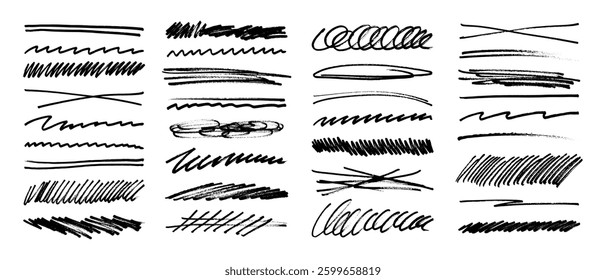 Underline stroke marker felt pen scribbles doodle line collection. Hand drawn outline sketch wave brush mark elements crosshatch rough dividers set for text highlight underline emphasis.