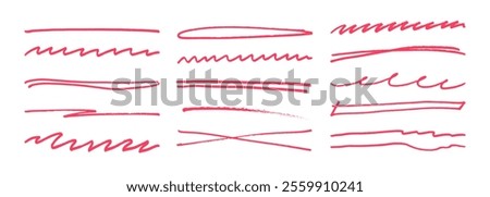 Underline stroke marker felt pen scribbles doodle line collection. Hand drawn outline sketch wave brush mark elements crosshatch rough dividers set for text highlight underline emphasis.