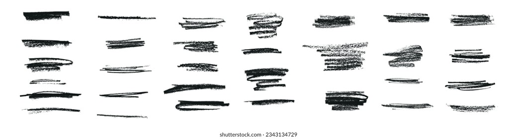 Underline strokes made with a brush, paint lines. Chalk, pen, and marker accents creating curves. Pencil marks with grunge flourish. Flat vector illustrations isolated on white background