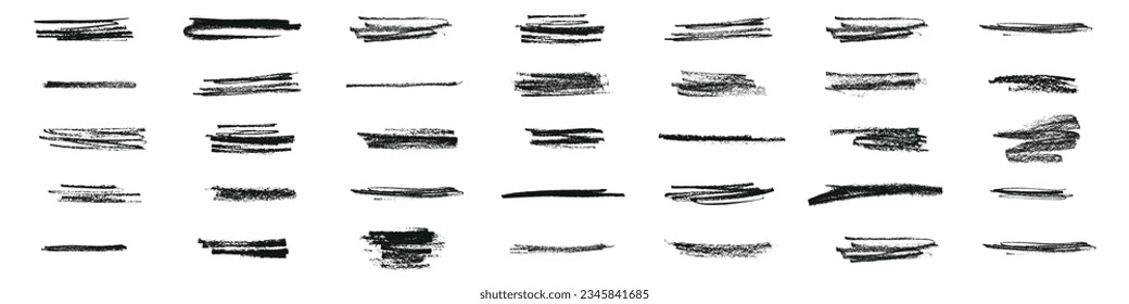 Underline strokes made with a brush, paint lines. Chalk, pen, and marker accents creating curves. Pencil marks with grunge flourish. Flat vector illustrations isolated on white background