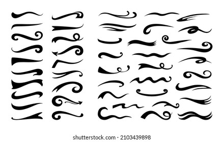 Underline Swash. Flourish Retro Swoosh. Hand Drawn Decorative Typography Pen Stroke. Black Silhouette Lines And Swirls. Calligraphic Dividers Collection. Vector Doodle Swish Logo Set