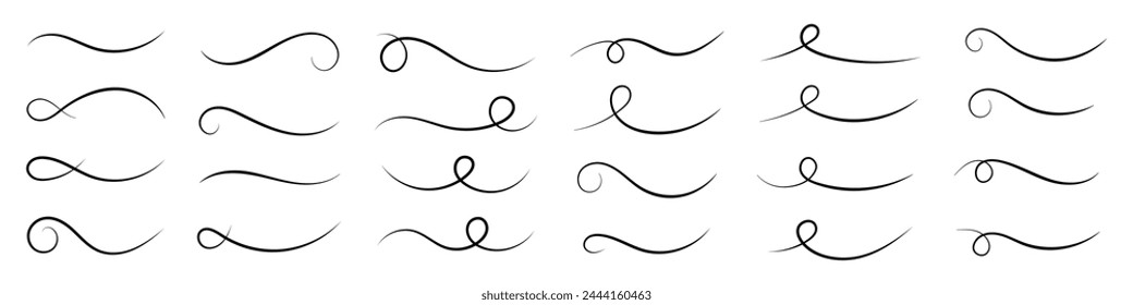 Underline text. Hand drawn collection of curly swishes, swashes, swoops. Calligraphy swirl. Highlight text elements.